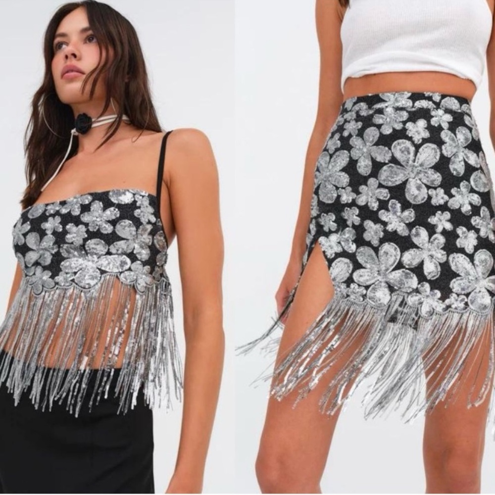 For Love & Lemons Collete Fringe Skirt and Crop Set